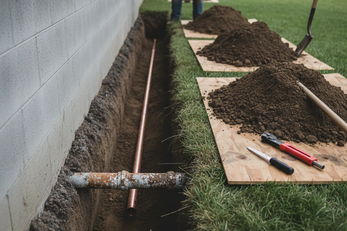 Excavated water line trench during Water Softener Installation in Spring Grove
